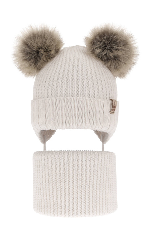 Czapka i komin dla chłopca zimowy komplet, biały, 100% wełniany merino, wiązany Konor