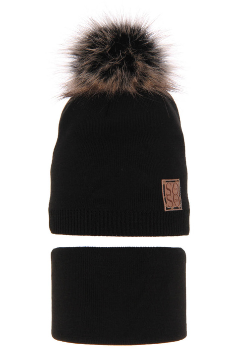 Czapka i komin dla dziewczynki zimowy komplet, czarny, z pomponem Apolinka