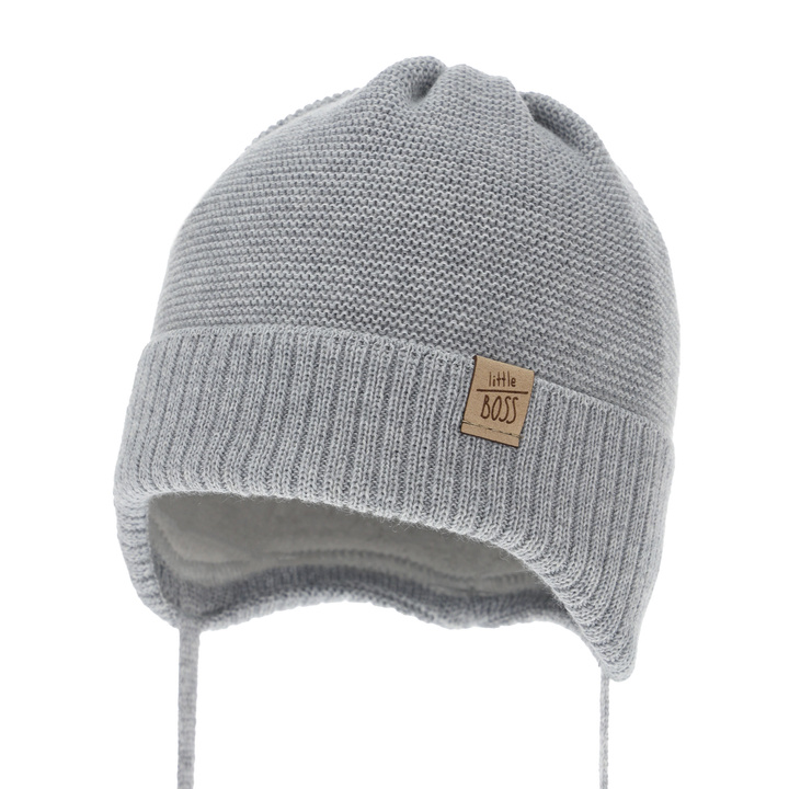 Czapka zimowa dla chłopca wiązana, szara z wełną merino Darsi
