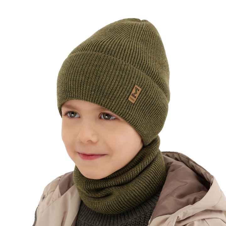 Czapka i komin dla chłopca jesienny, wiosenny komplet, khaki, 100% wełniana merino Bruce