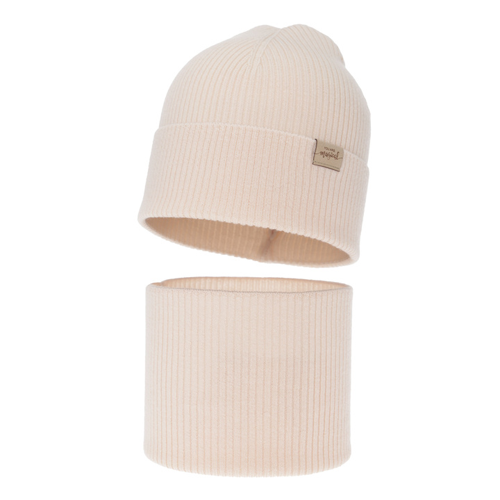 Czapka i komin dla dziewczynki jesienny, wiosenny komplet, jasnoróżowy, 100% wełniany merino Magenta