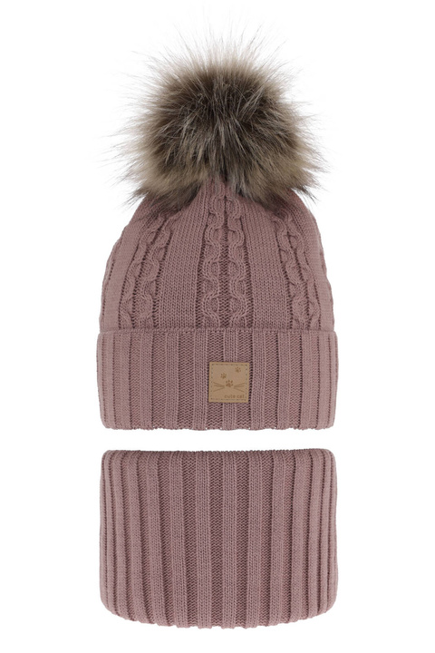 Czapka i komin dla dziewczynki zimowy komplet, wrzosowy, z pomponem Alexia