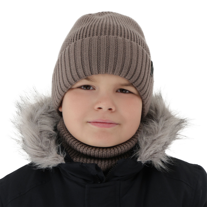 Czapka i komin dla chłopca, zimowy komplet, 100% wełniany merino, z podszyciem z wełny merino, brązowy Harbin
