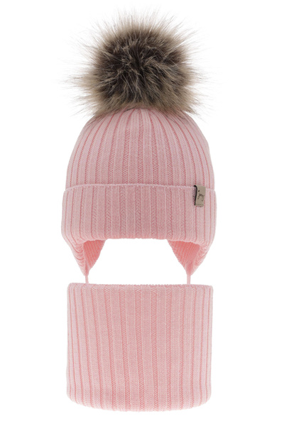 Czapka i komin dla dziewczynki zimowy komplet, różowy, wiązany, 100% wełniany merino, z pomponem Junika