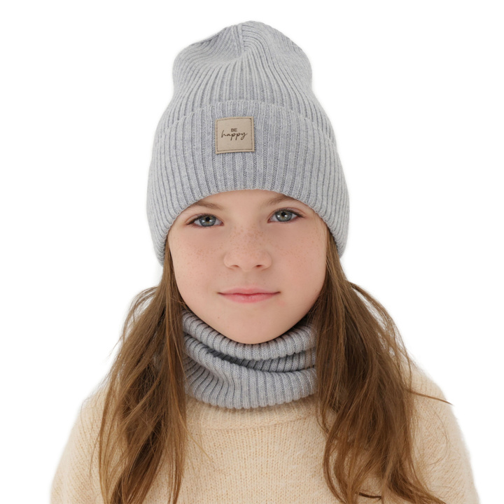 Czapka i komin dla dziewczynki, jesienny, wiosenny komplet, szary, 100% wełniany merino, Vanita