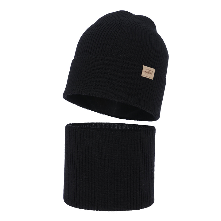 Czapka i komin dla dziewczynki jesienny, wiosenny komplet, czarny, 100% wełniany merino Magenta