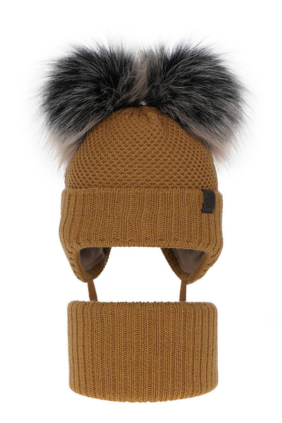 Czapka i komin dla chłopca zimowy komplet, camel, z dwoma pomponami, wiązany Randel