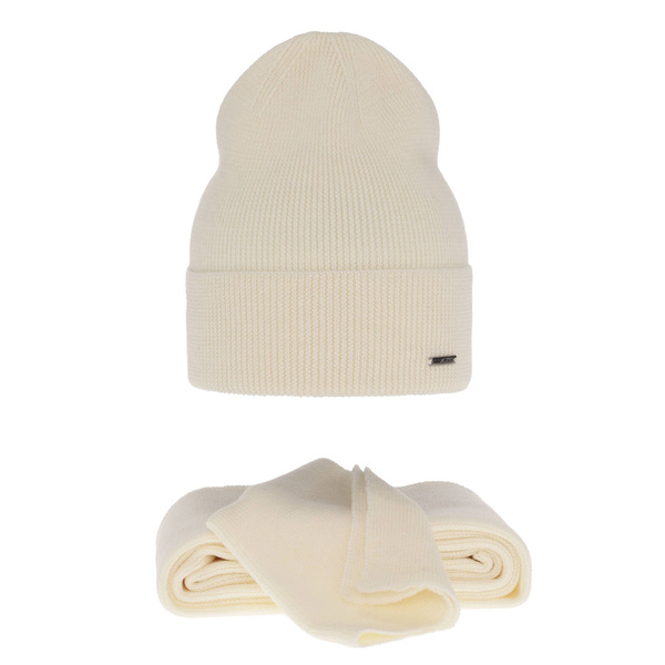 Czapka i szalik damski zimowy komplet, kremowy, 100% wełniana merino Melpomena