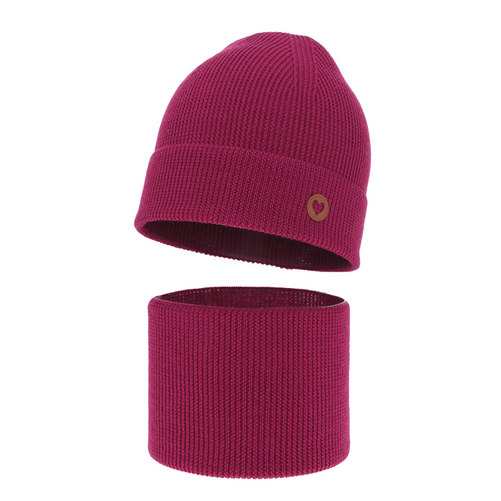 Czapka i komin dla dziewczynki jesienny, wiosenny komplet, amarantowy, 100% wełniana merino Brook