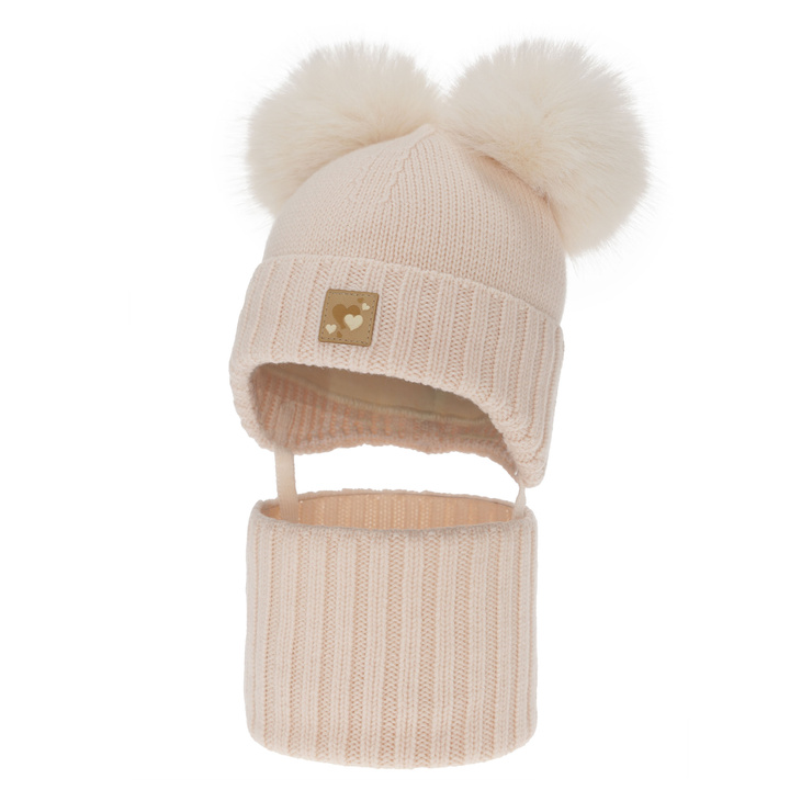 Czapka i komin dla dziewczynki, zimowy komplet, jasnoróżowy, 100% wełniany merino, podszyty polarem wełnianym, Ronia