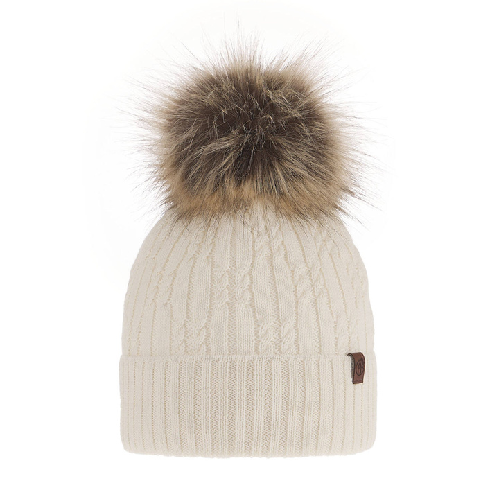 Czapka zimowa damska, kremowa, z wełną merino, Larida