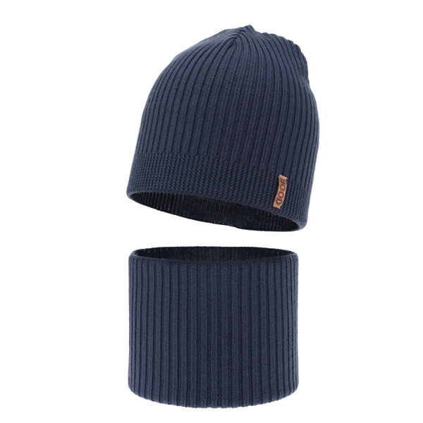 Czapka i komin dla chłopca jesienny, wiosenny komplet, ciemnoniebieski, 100% wełniany merino Chester
