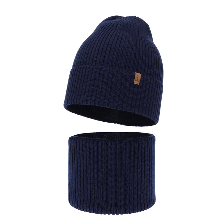 Czapka i komin dla chłopca jesienny, wiosenny komplet, granatowy, 100% wełniany merino Lemas