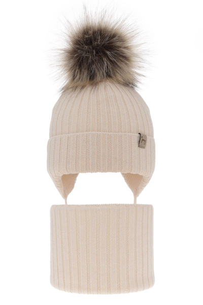 Czapka i komin dla dziewczynki zimowy komplet, jasnobeżowy, wiązany, 100% wełniany merino, z pomponem Junika