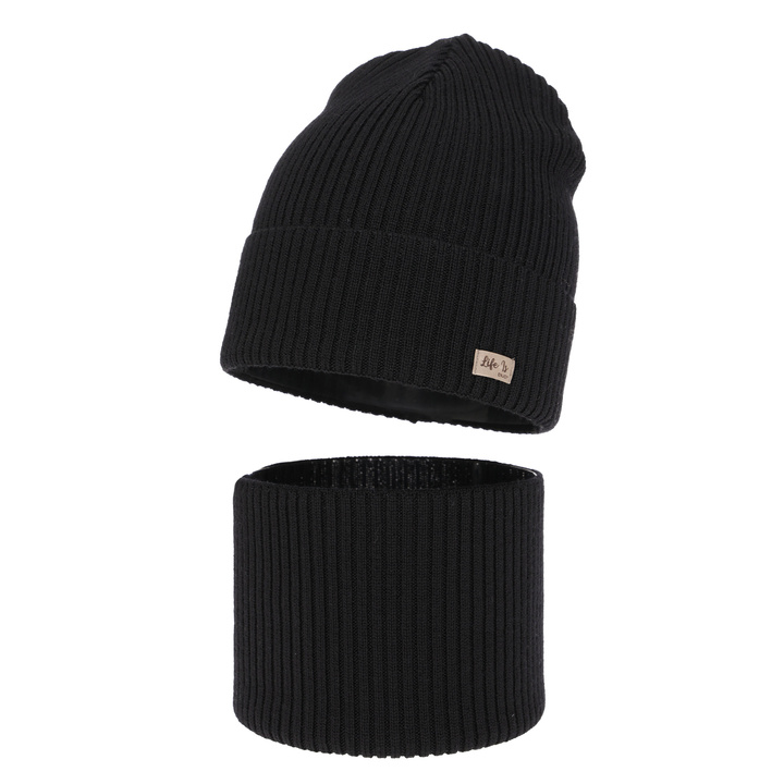 Czapka i komin dla dziewczynki jesienny, wiosenny komplet, czarny, 100% wełniana merino Itra