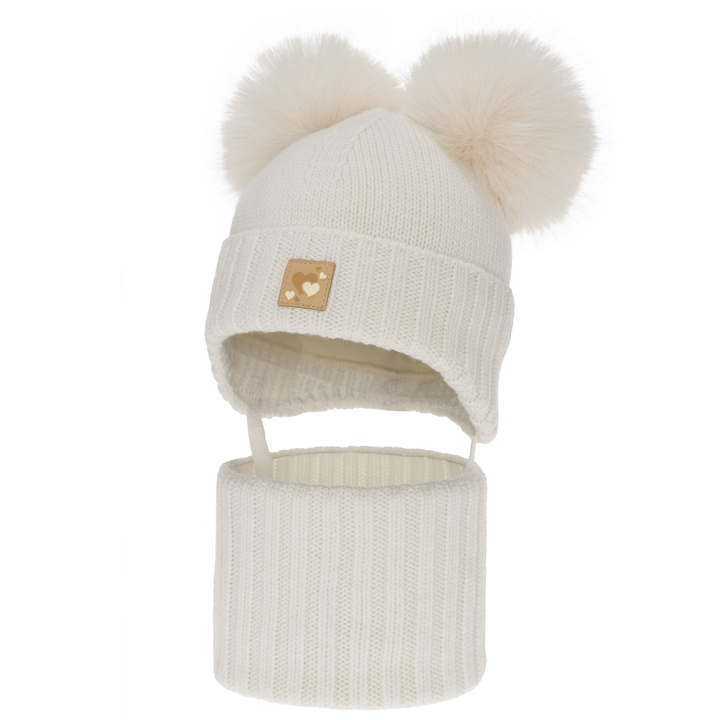 Czapka i komin dla dziewczynki, zimowy komplet, biały, 100% wełniany merino, podszyty polarem wełnianym, Ronia