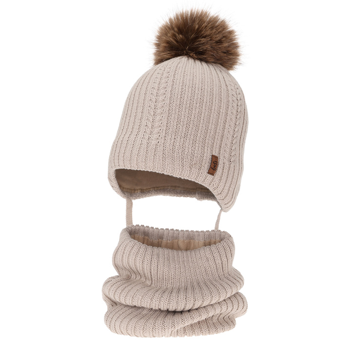 Czapka i komin dla chłopca zimowy komplet, beżowy, z wełną merino, wiązany Zongo