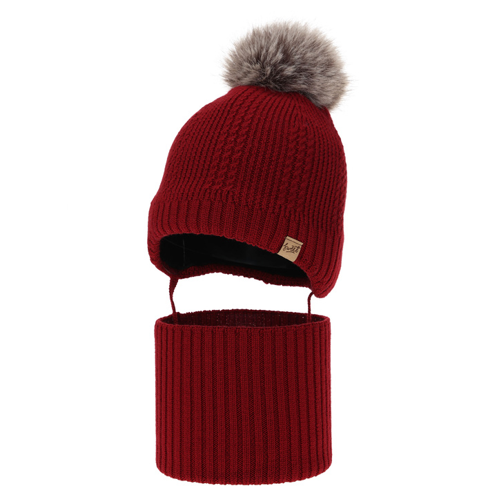 Czapka i komin dla chłopca, zimowy komplet, bordowy, 100% wełniany merino, podszyty wełnianym polarem, wiązany Danny