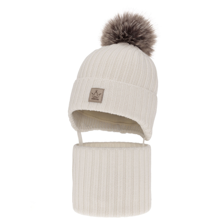 Czapka i komin dla dziewczynki zimowy komplet, biały, 100% wełniana merino, podszyta wełnianym polarem, wiązany Martina