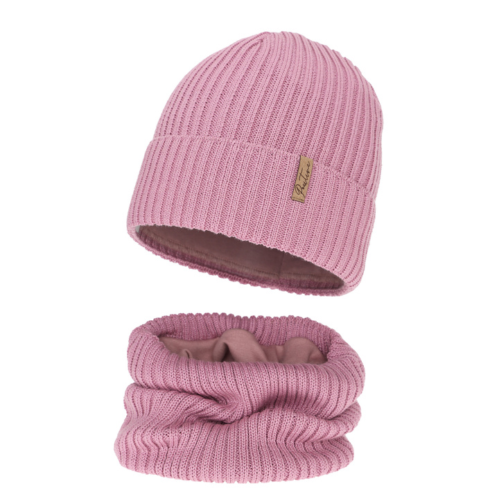 Czapka i komin podszyty bawełną dla dziewczynki zimowy komplet, fioletowy, z wełną merino, Odette