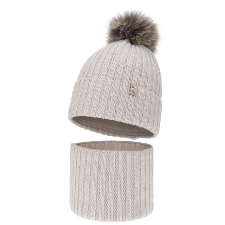 Czapka i komin dla dziewczynki zimowy komplet, 100% wełniany merino, podszyty bawełną, z pomponem, beżowy,  Terida