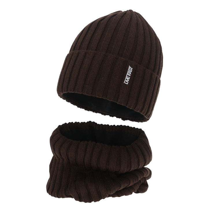 Czapka i komin dla chłopca zimowy komplet, brązowy, z wełną merino, podszyty polarem Banasko