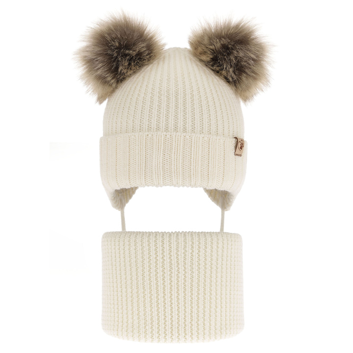 Czapka i komin dla dziewczynki zimowy komplet, kremowy, 100% wełniana merino, wiązany, z dwoma pomponami Silvia
