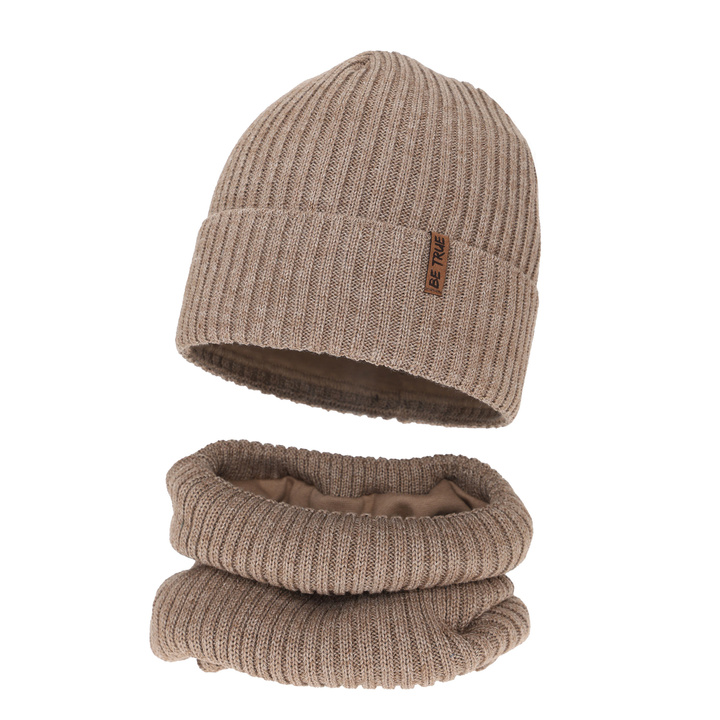 Czapka i komin podszyty bawełną dla chłopca zimowy komplet, beżowy, z wełną merino, Colton