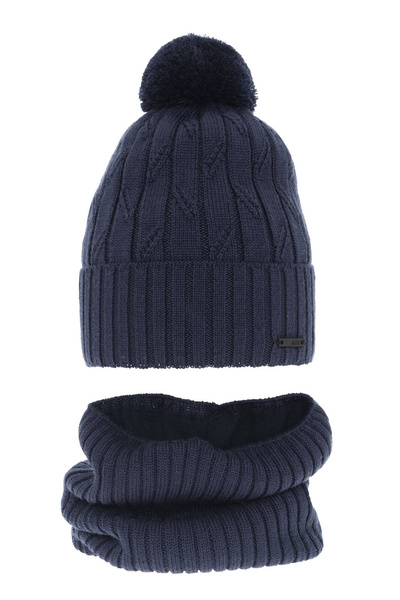 Czapka i komin dla chłopca zimowy komplet, niebieski, z pomponem, wełniany merino Talar