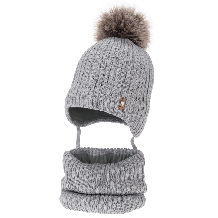 Czapka i komin dla dziewczynki zimowy komplet, szary, z wełną merino, z pomponem, wiązany Muanda