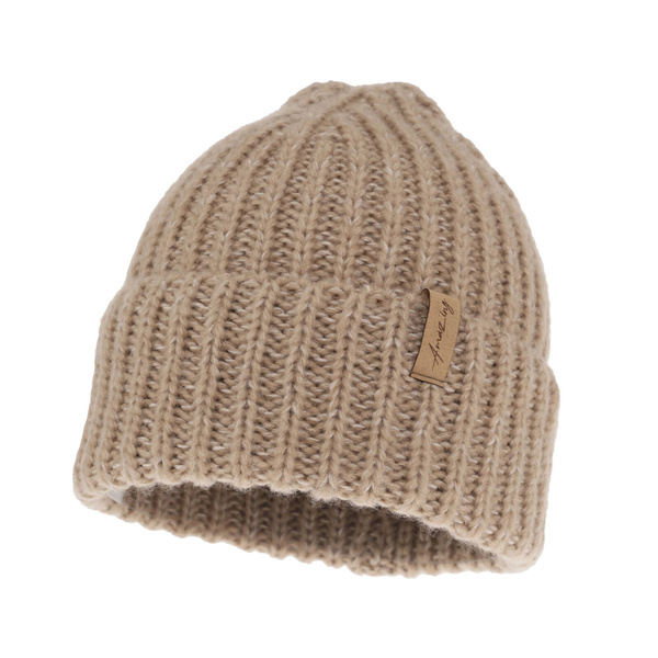 Czapka zimowa damska, beżowa, z wełną merino Caro