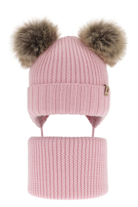 Czapka i komin dla dziewczynki zimowy komplet, różowy, 100% wełniany merino, z dwoma pomponami, wiązany Silvia