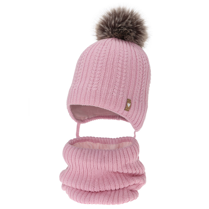 Czapka i komin dla dziewczynki zimowy komplet, różowy, z wełną merino, z pomponem, wiązany Muanda