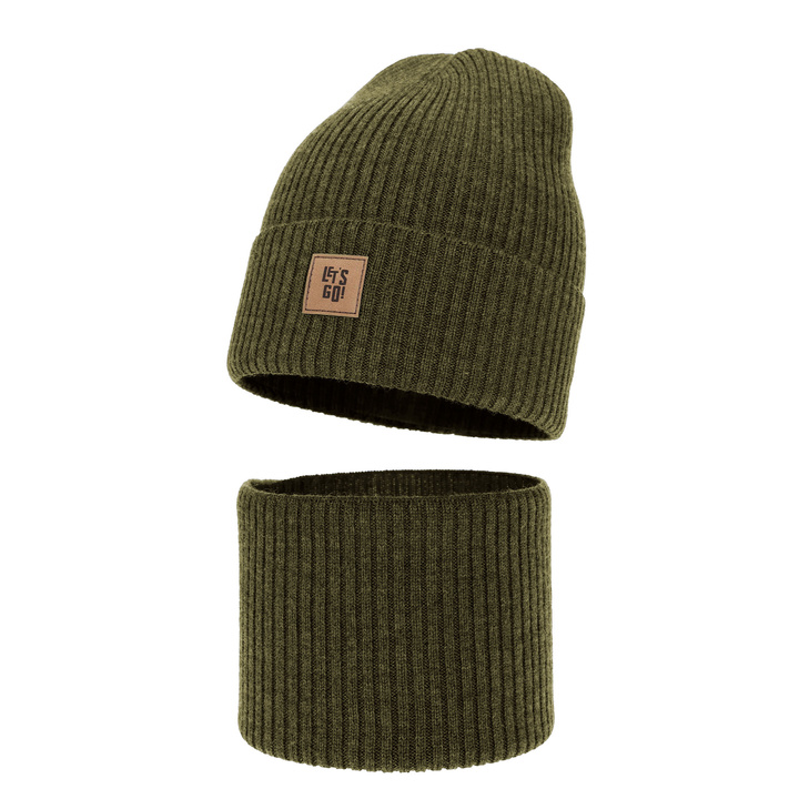 Czapka i komin dla chłopca, jesienny, wiosenny komplet khaki 100% wełniany merino Vanto