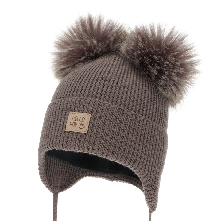 Czapka zimowa dla chłopca, brązowa, 100% wełniana merino, podszyta wełnianym polarem, Tambor