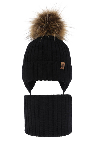 Czapka i komin dla chłopca zimowy komplet, czarny, 100% wełniany merino, wiązany Juno