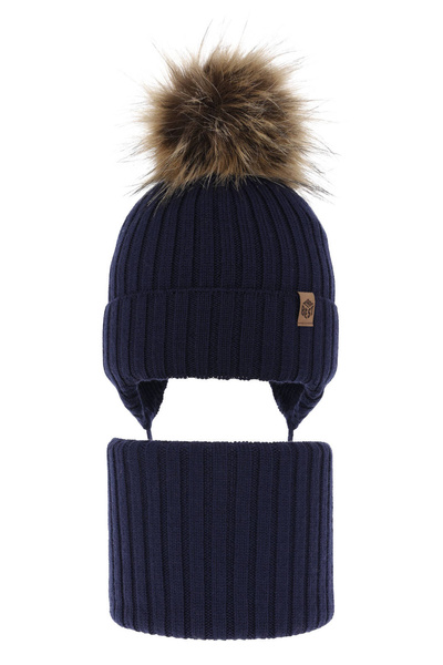 Czapka i komin dla chłopca zimowy komplet, granatowy, 100% wełniany merino, z pomponem Juno