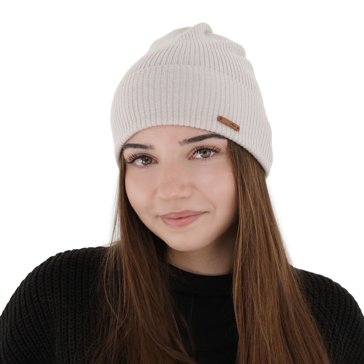 Czapka jesienna, zimowa damska, beżowa, 100% wełniana merino, Flerra