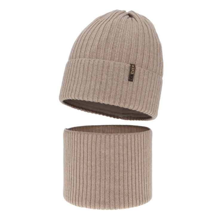 Czapka i komin dla chłopca, zimowy komplet, beżowy, 100% wełniany merino, Gizmo
