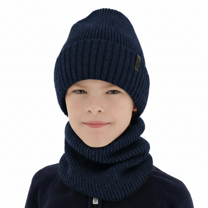 Czapka i komin dla chłopca, zimowy komplet, 100% wełniany merino, z podszyciem z wełny merino, granatowy Harbin