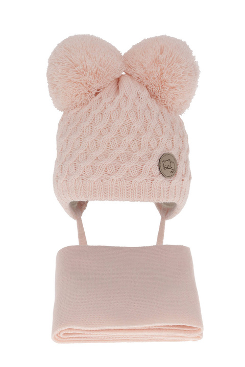Czapka i szalik dla dziewczynki zimowy komplet, jasnoróżowy, z dwoma pomponami, wiązany Anava