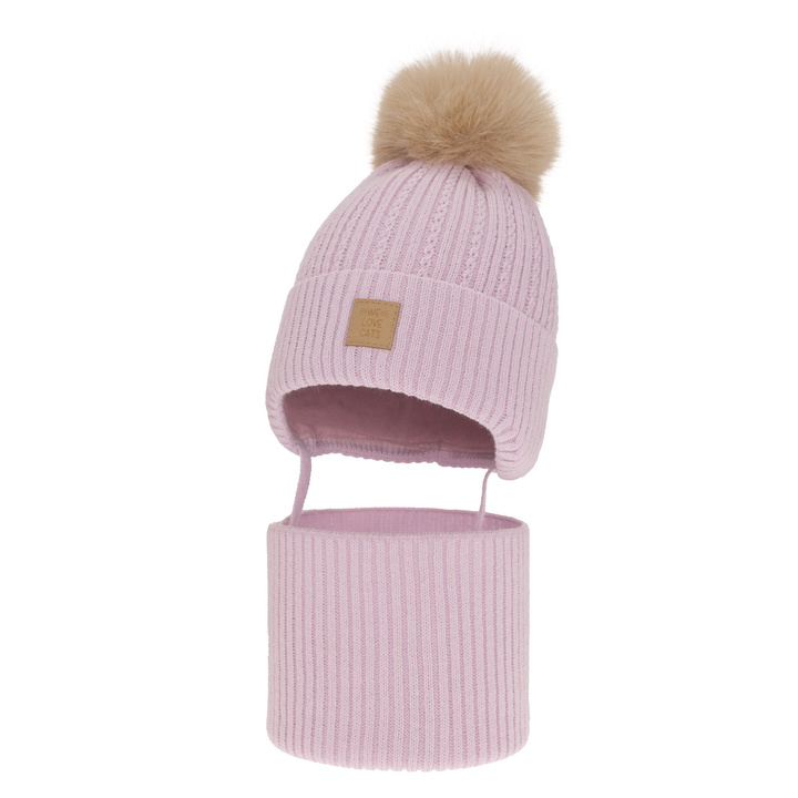 Czapka i komin dla dziewczynki zimowy komplet, liliowy, z pomponem Betty