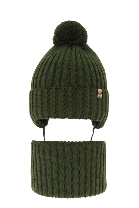 Czapka i komin dla chłopca zimowy komplet, khaki, z pomponem Carlo