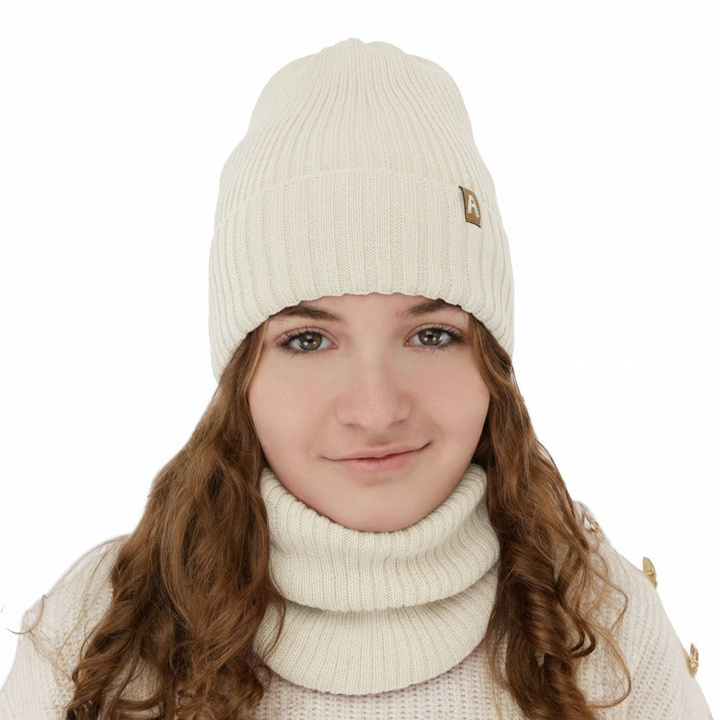 Czapka i komin dla dziewczynki zimowy komplet, kremowy, z wełną merino, podszyty polarem Peggy