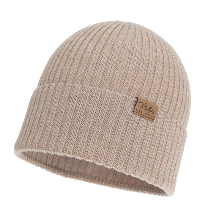 Czapka damska wiosenna, jesienna, beżowa, 100% wełniana merino, bezszwowa, Fabrizia