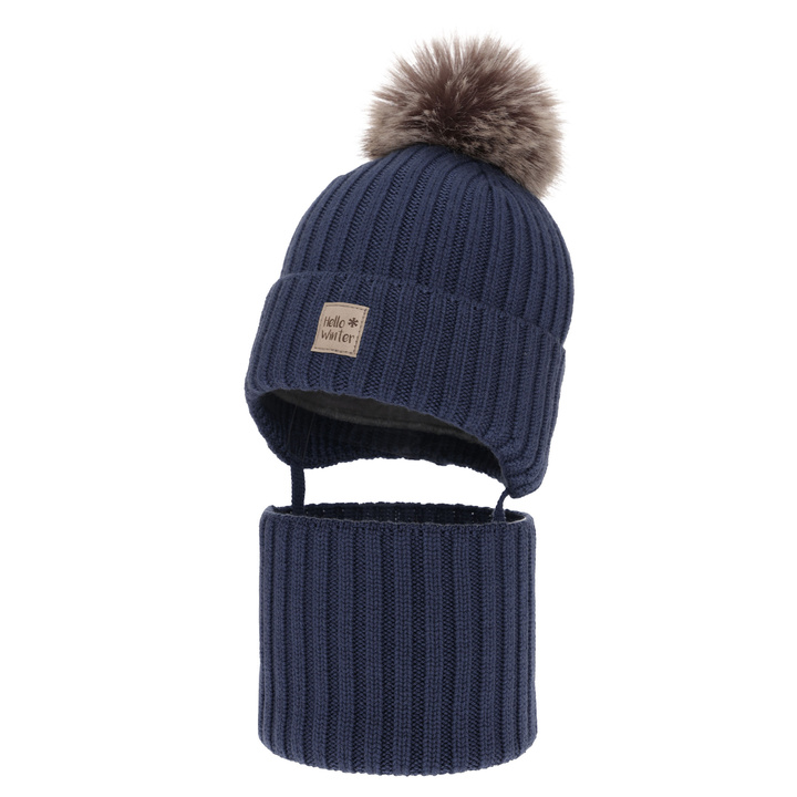 Czapka i komin dla chłopca zimowy komplet, ciemnoniebieski, 100% wełniany merino, podszyty wełnianym polarem, wiązany Morti