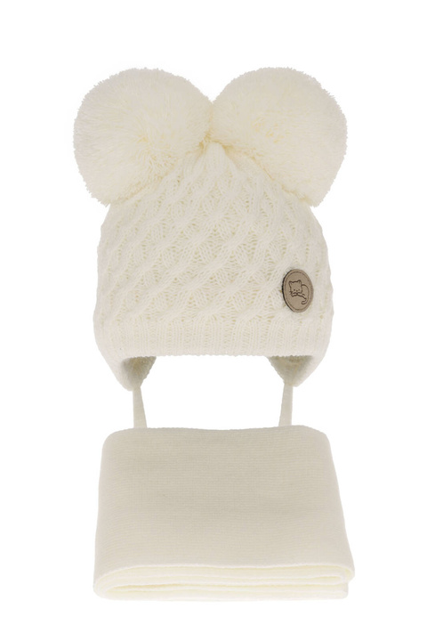 Czapka i szalik dla dziewczynki zimowy komplet, kremowy, z dwoma pomponami, wiązany Anava