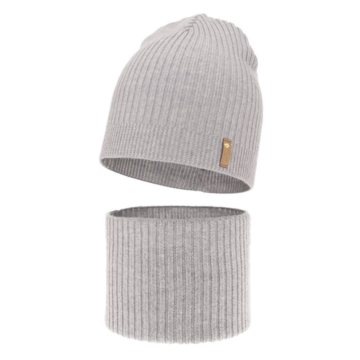 Czapka i komin dla dziewczynki jesienny, wiosenny komplet, szary, 100% wełniany merino Chelsie