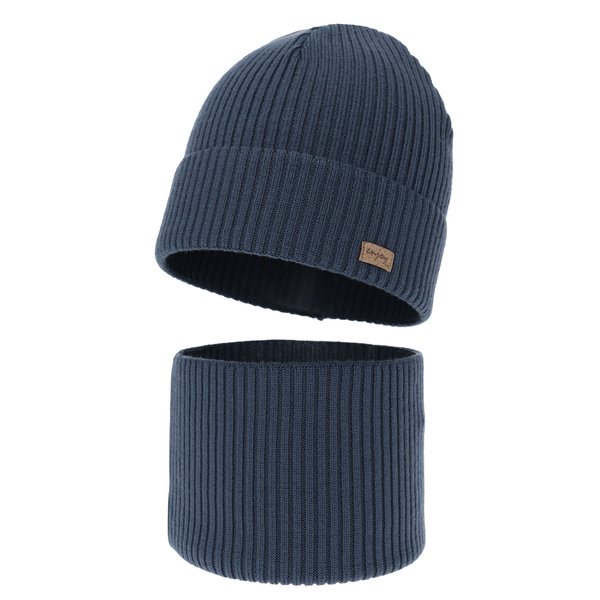 Czapka i komin dla chłopca jesienny, wiosenny komplet, niebieski, 100% wełniany merino Intro
