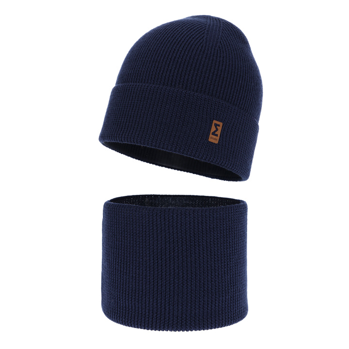 Czapka i komin dla chłopca jesienny, wiosenny komplet, granatowy, 100% wełniany merino Bruce
